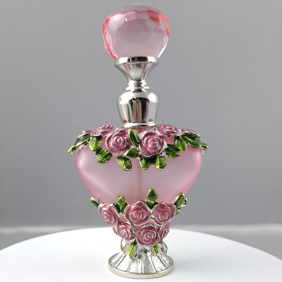 Other - Pink Roses on Frosted PInk Glass Decorative Bottle